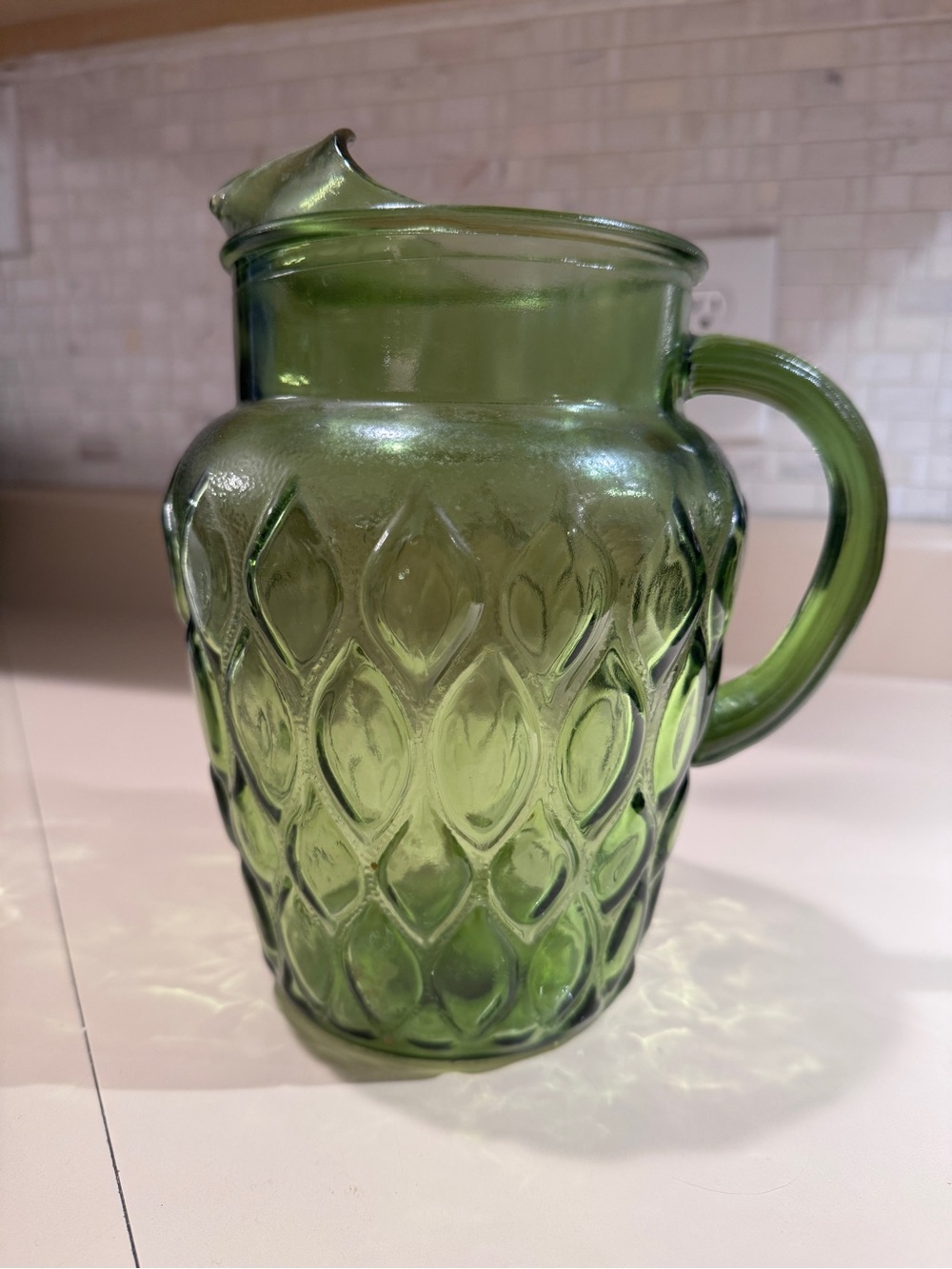 Vintage Green Pressed Glass Pitcher - Textured Diamond Pattern
